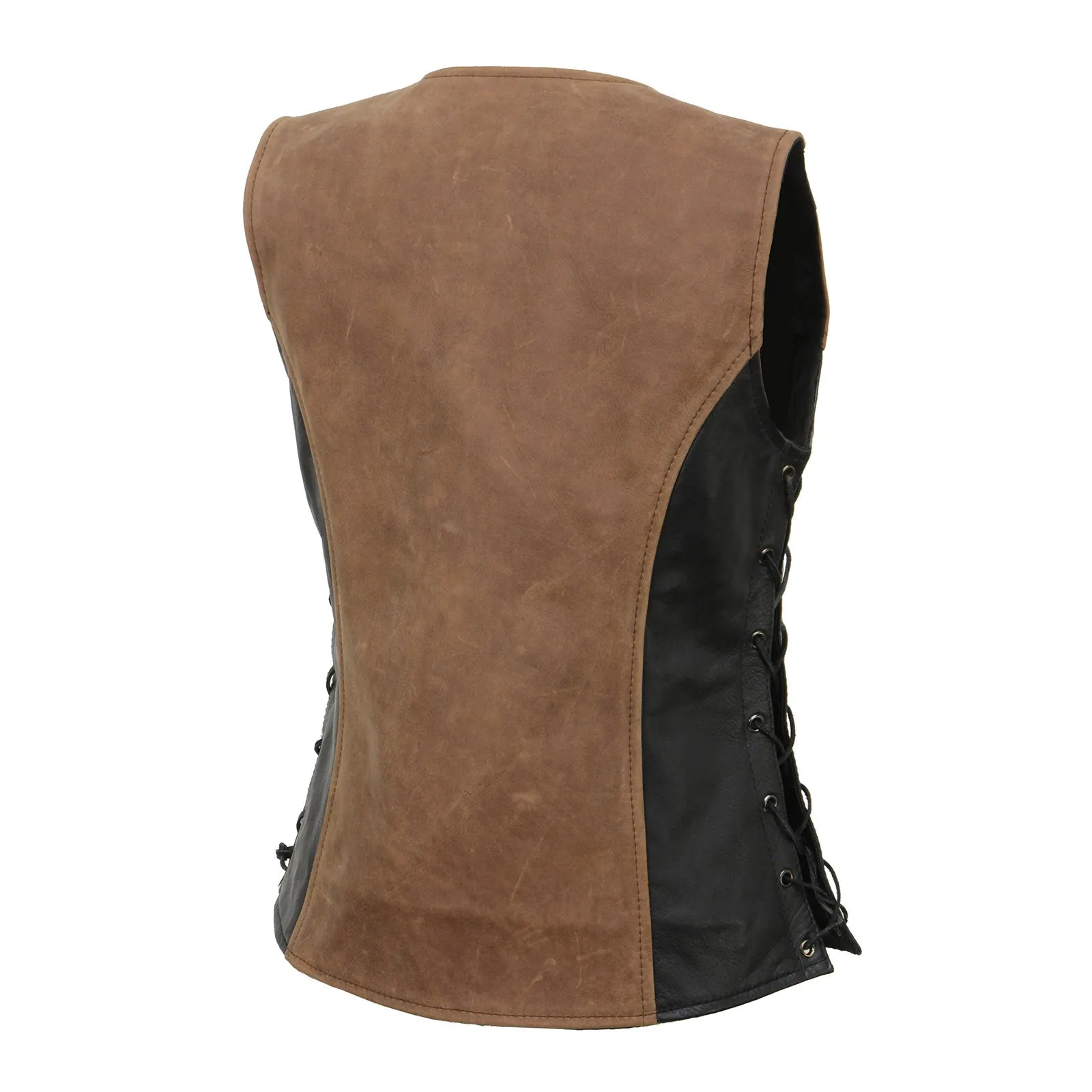 MLL4508 Women's 'Trickster' Vintage Two Tone Crazy Horse Brown and Black Leather Club Style Motorcycle Vest