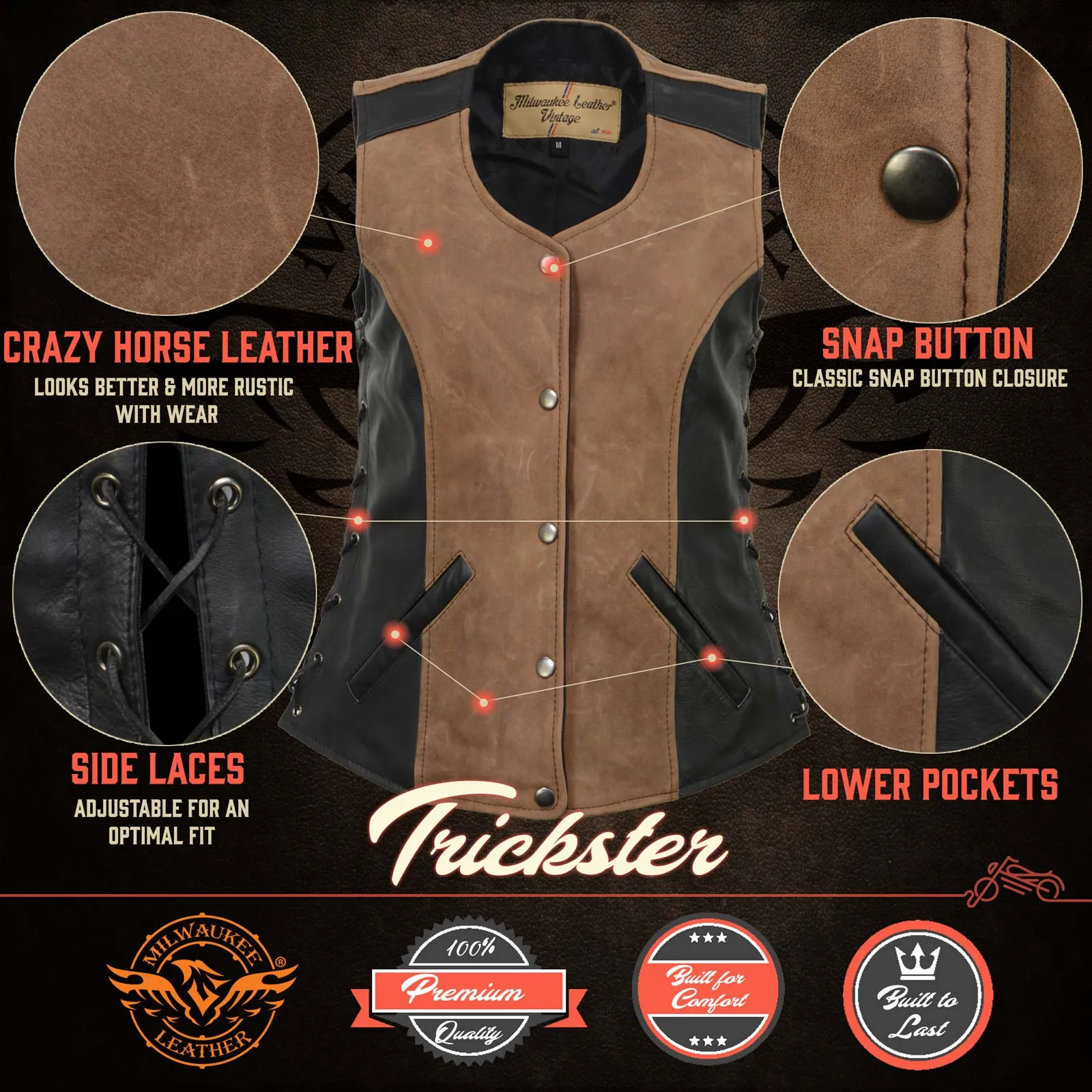 MLL4508 Women's 'Trickster' Vintage Two Tone Crazy Horse Brown and Black Leather Club Style Motorcycle Vest