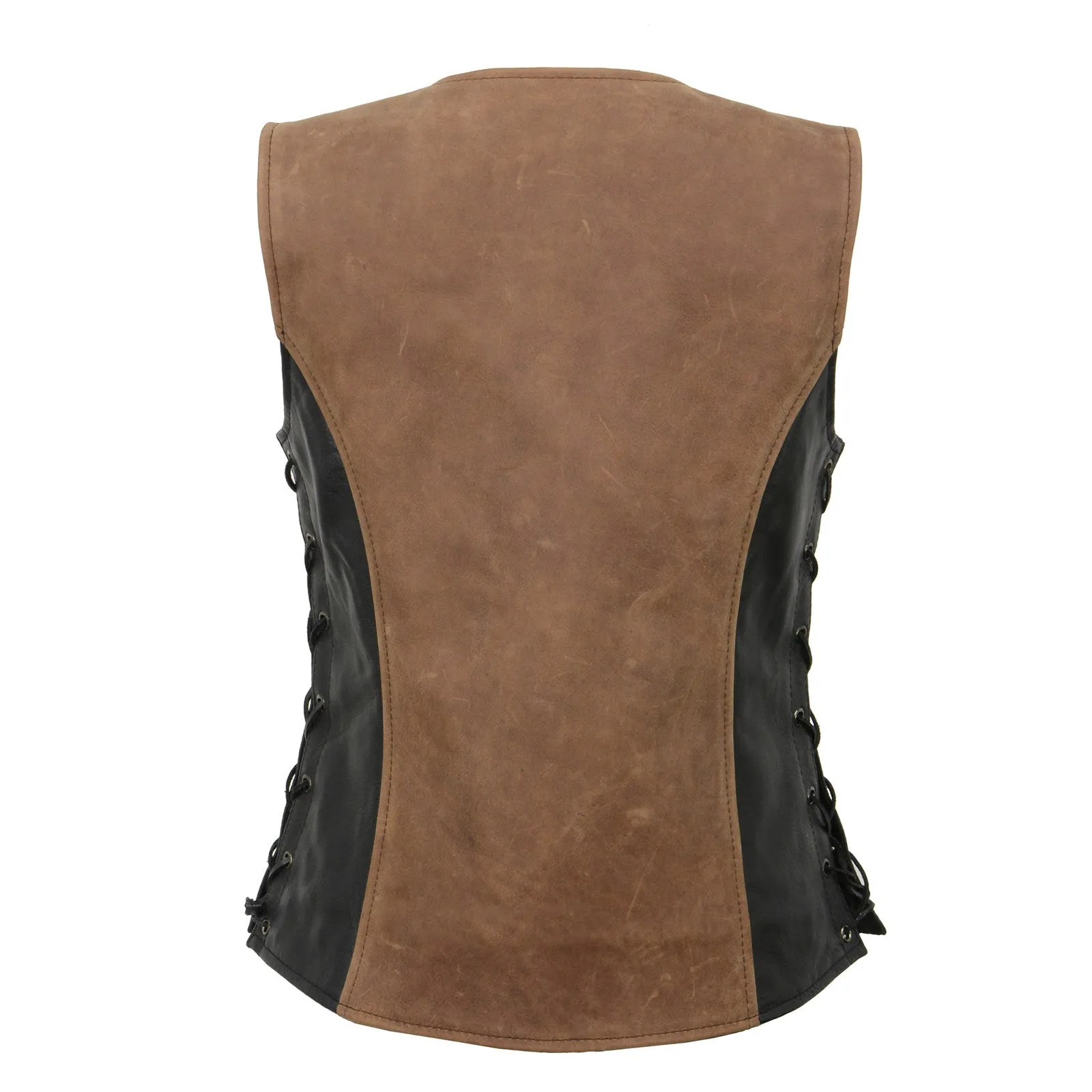 MLL4508 Women's 'Trickster' Vintage Two Tone Crazy Horse Brown and Black Leather Club Style Motorcycle Vest
