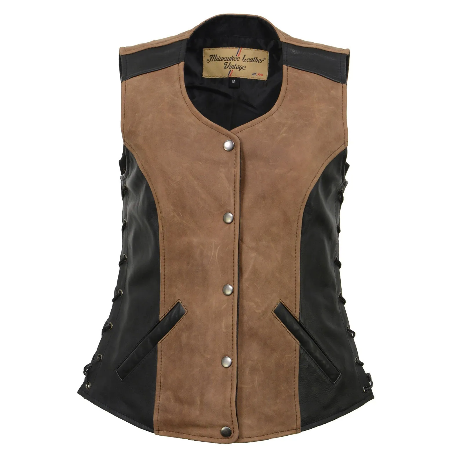 MLL4508 Women's 'Trickster' Vintage Two Tone Crazy Horse Brown and Black Leather Club Style Motorcycle Vest