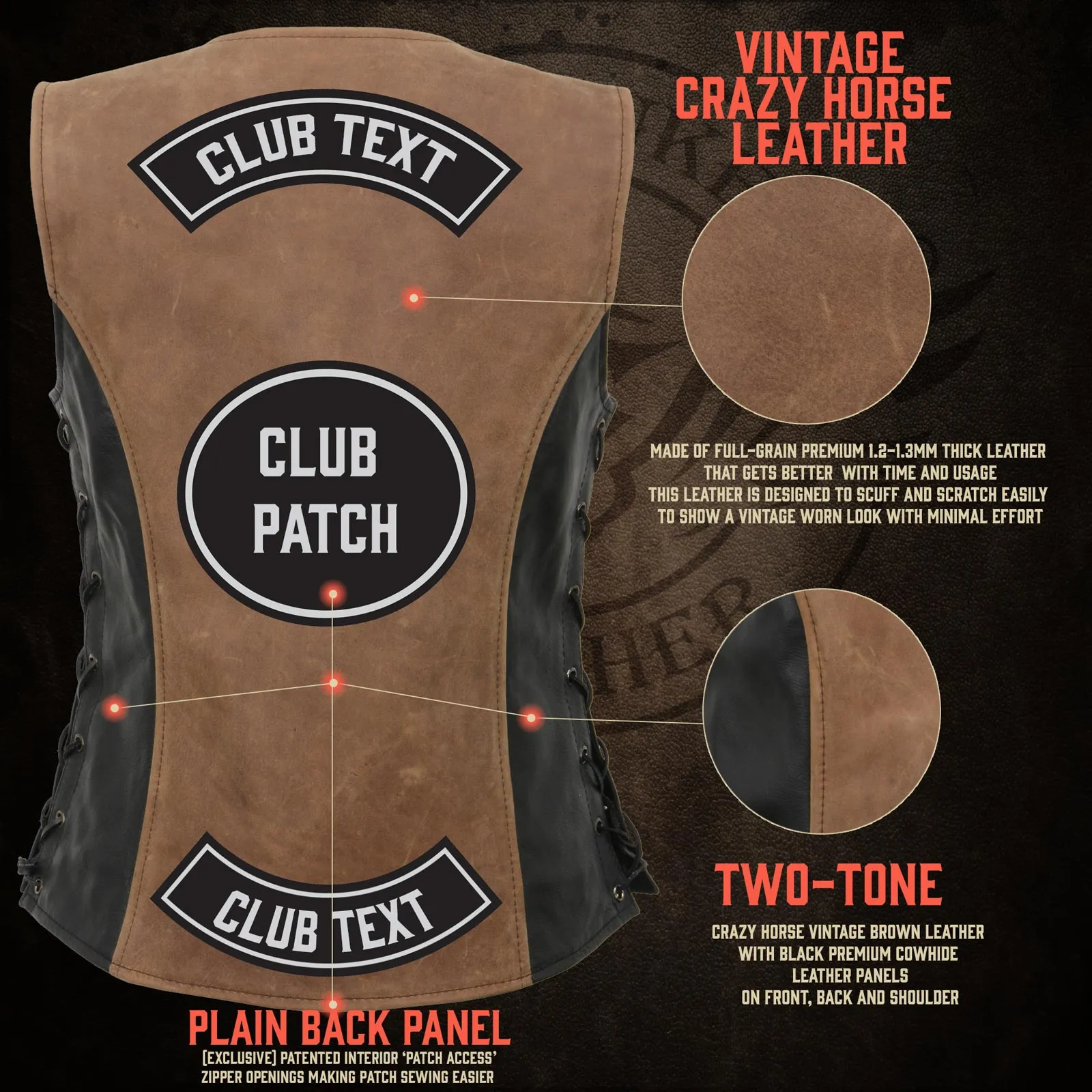 MLL4508 Women's 'Trickster' Vintage Two Tone Crazy Horse Brown and Black Leather Club Style Motorcycle Vest