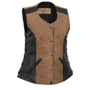 MLL4508 Women's 'Trickster' Vintage Two Tone Crazy Horse Brown and Black Leather Club Style Motorcycle Vest