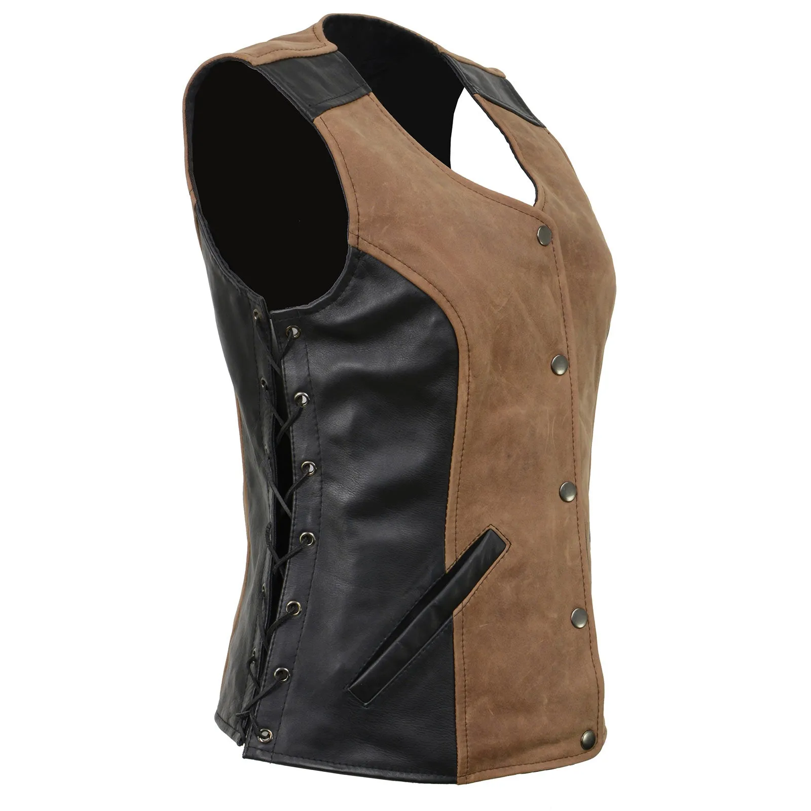 MLL4508 Women's 'Trickster' Vintage Two Tone Crazy Horse Brown and Black Leather Club Style Motorcycle Vest