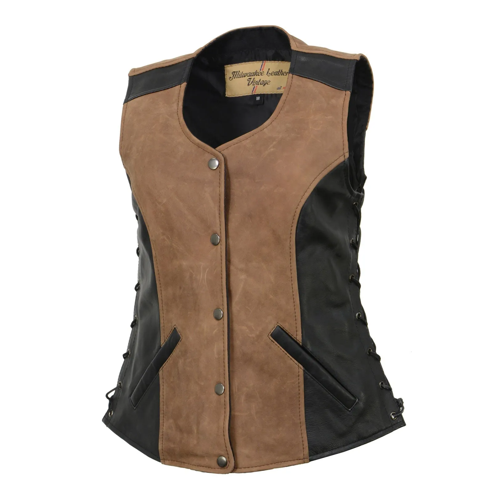 MLL4508 Women's 'Trickster' Vintage Two Tone Crazy Horse Brown and Black Leather Club Style Motorcycle Vest
