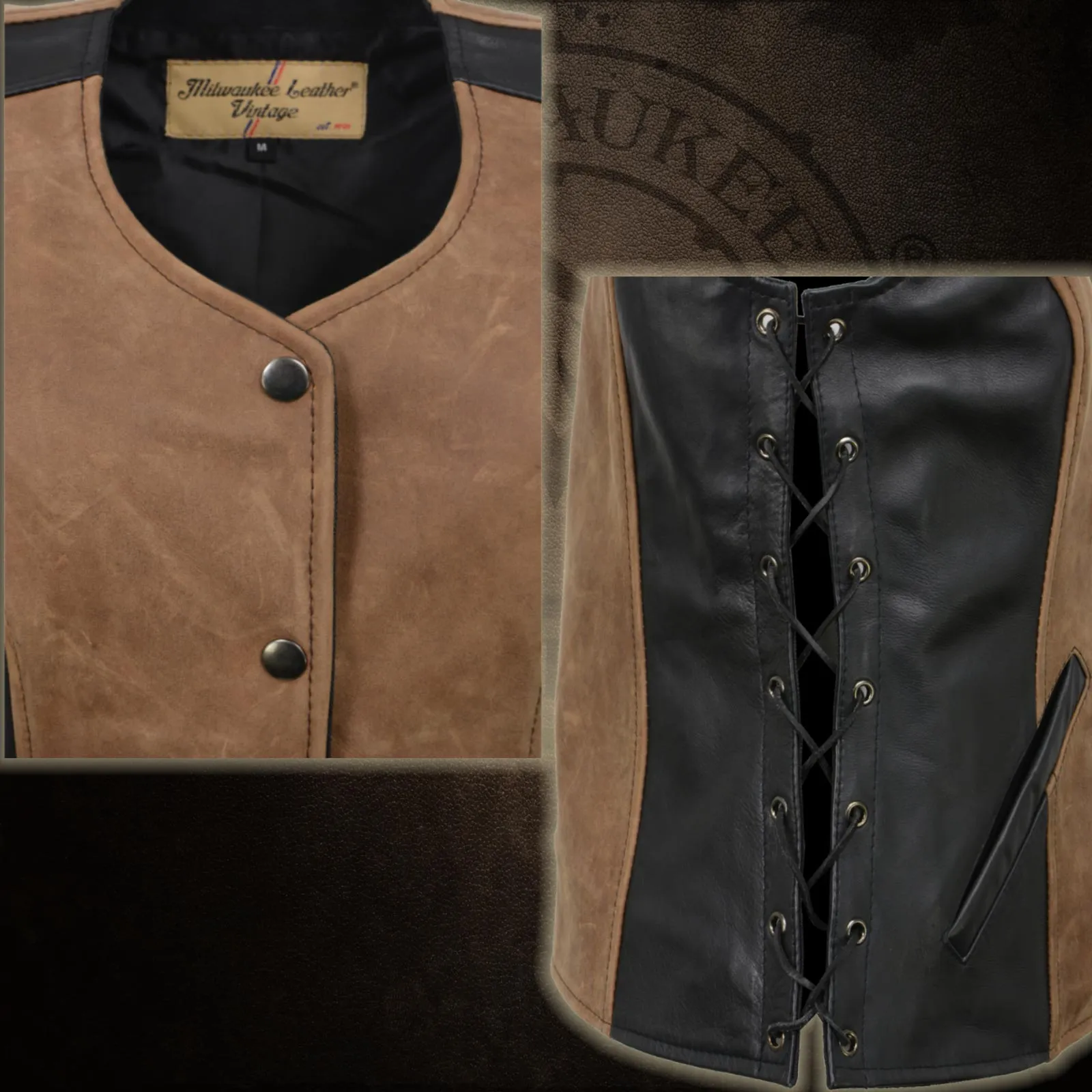 MLL4508 Women's 'Trickster' Vintage Two Tone Crazy Horse Brown and Black Leather Club Style Motorcycle Vest