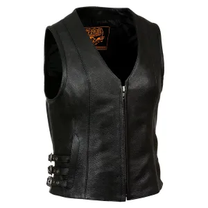 MLL4510 Women's Black Naked Leather Side Buckle Motorcycle Rider Vest with Front Zip Closure