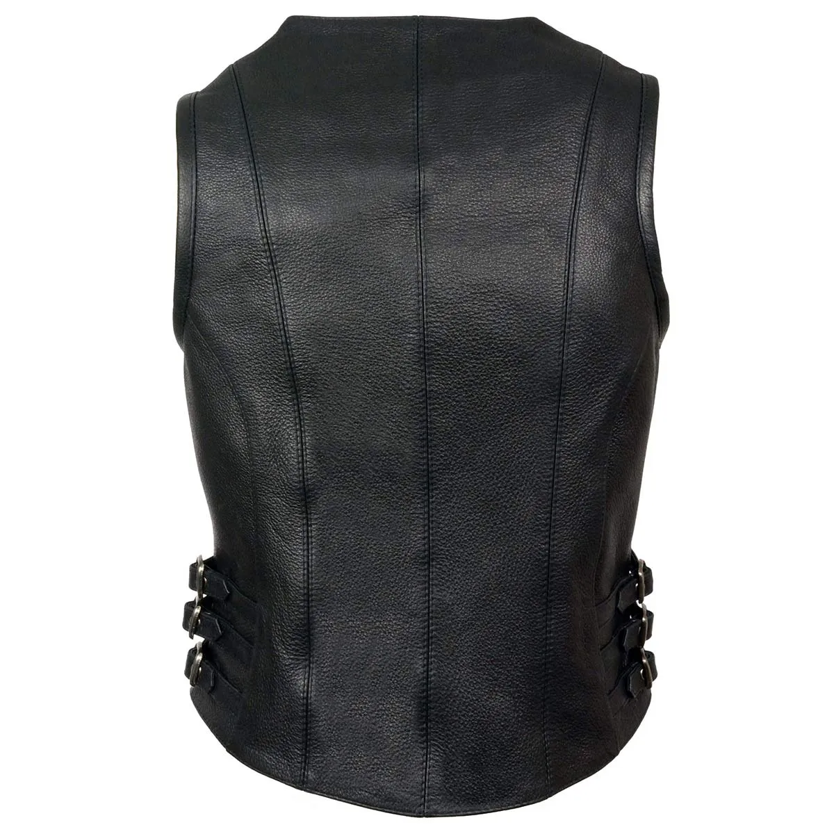 MLL4510 Women's Black Naked Leather Side Buckle Motorcycle Rider Vest with Front Zip Closure