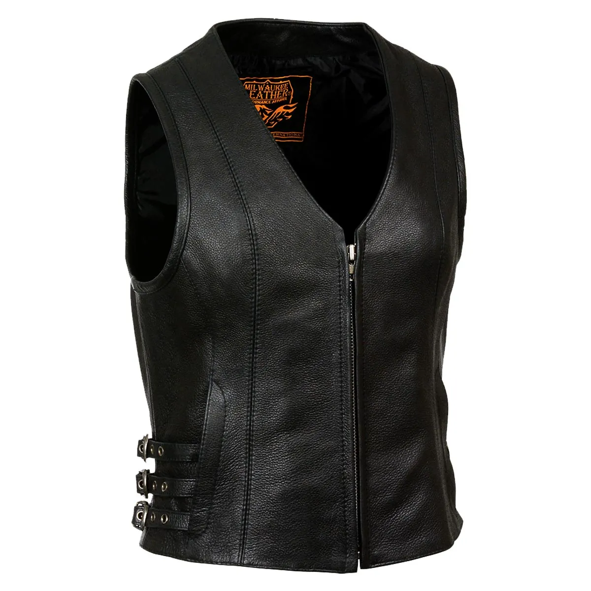 MLL4510 Women's Black Naked Leather Side Buckle Motorcycle Rider Vest with Front Zip Closure
