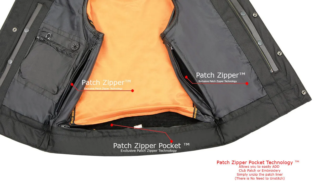 MLM3511 Men's Black Collarless Snap/Zipper Club Style Motorcycle Leather Vest