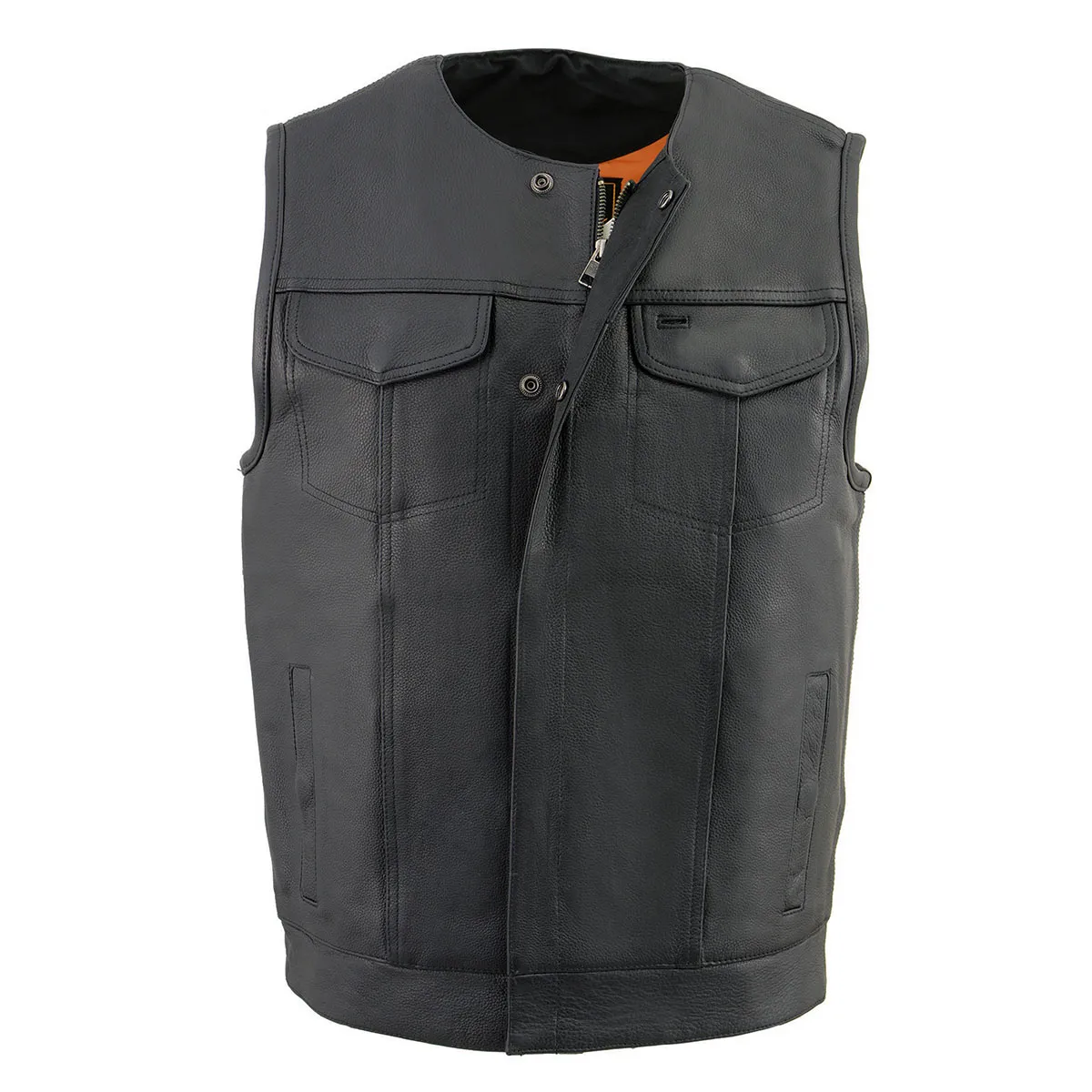 MLM3511 Men's Black Collarless Snap/Zipper Club Style Motorcycle Leather Vest