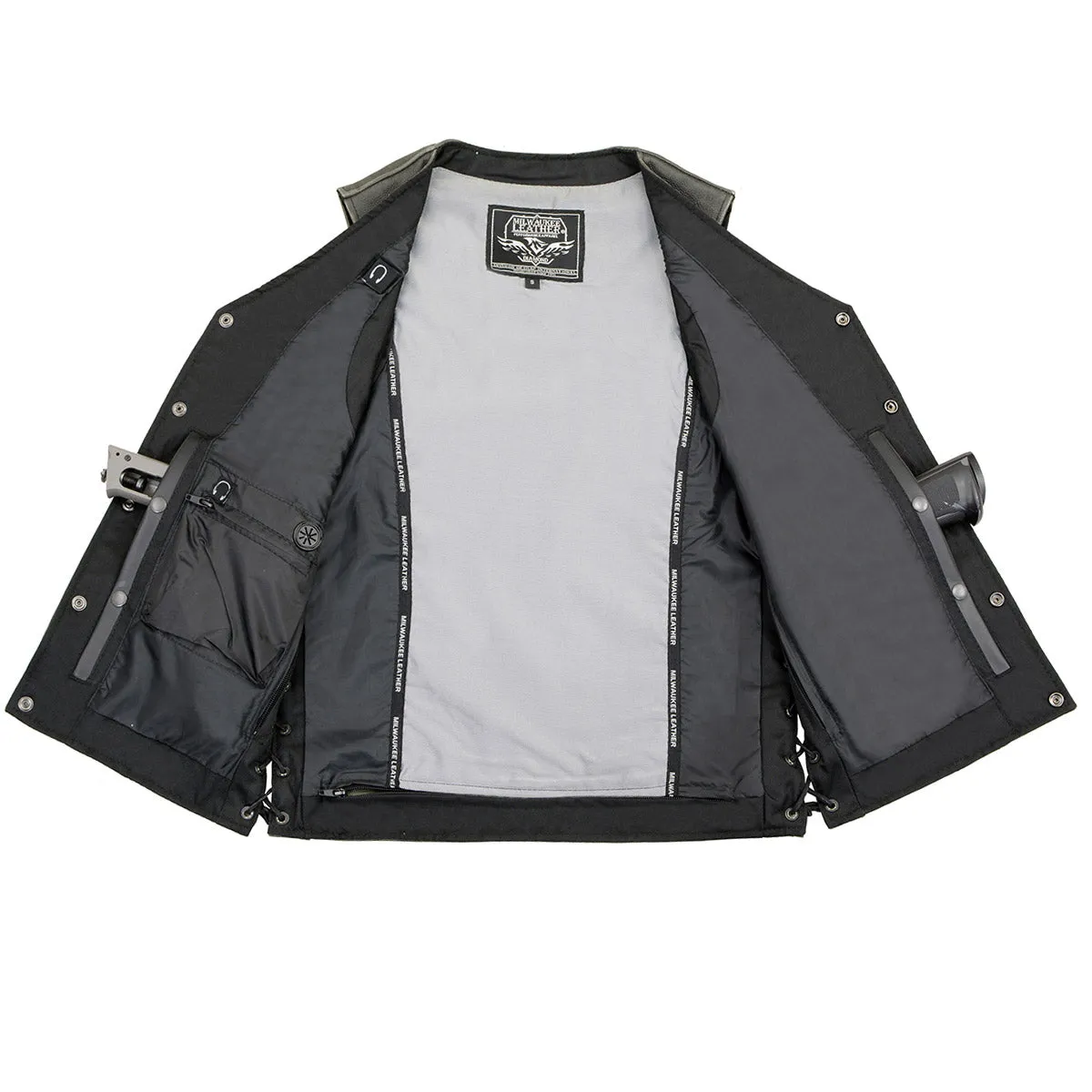 MLM3521 Men's Distress Grey Leather Vest - V-Neck Straight Bottom Side Lace Motorcycle Rider Vest