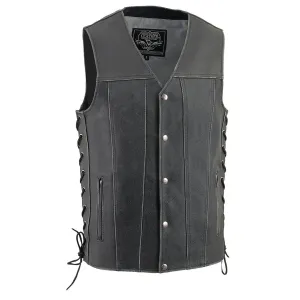 MLM3521 Men's Distress Grey Leather Vest - V-Neck Straight Bottom Side Lace Motorcycle Rider Vest
