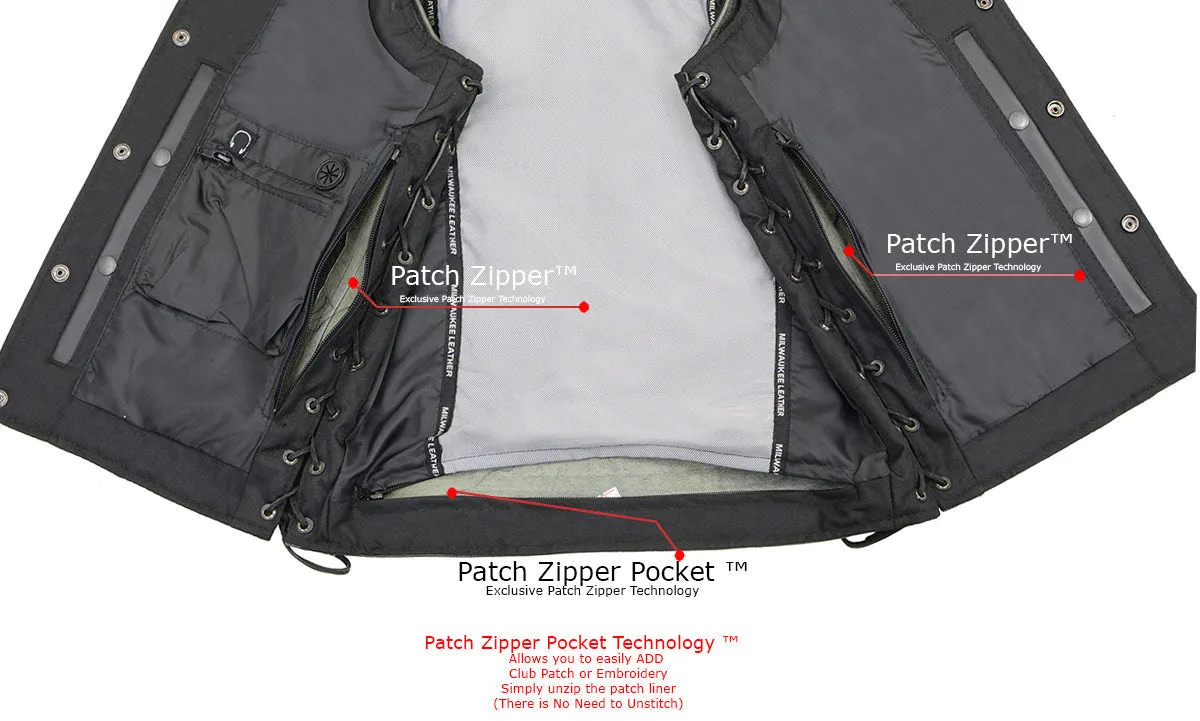 MLM3521 Men's Distress Grey Leather Vest - V-Neck Straight Bottom Side Lace Motorcycle Rider Vest