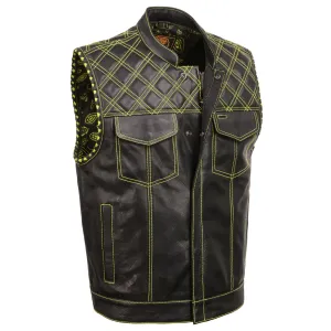 MLM3528 Men's Black 'Paisley' Accented Neon Green Stitching Leather Vest w/Armhole Trim