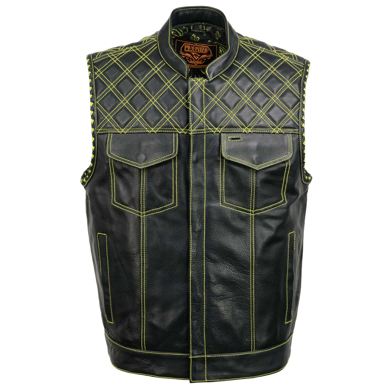 MLM3528 Men's Black 'Paisley' Accented Neon Green Stitching Leather Vest w/Armhole Trim