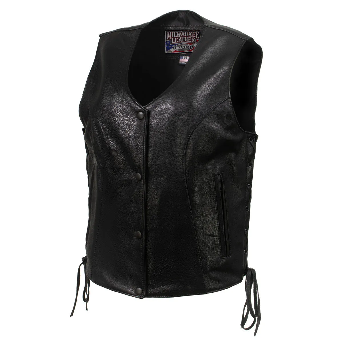 MLVSL5002 Women's Black 'Kitten' Leather Motorcycle Vest with Side Laces