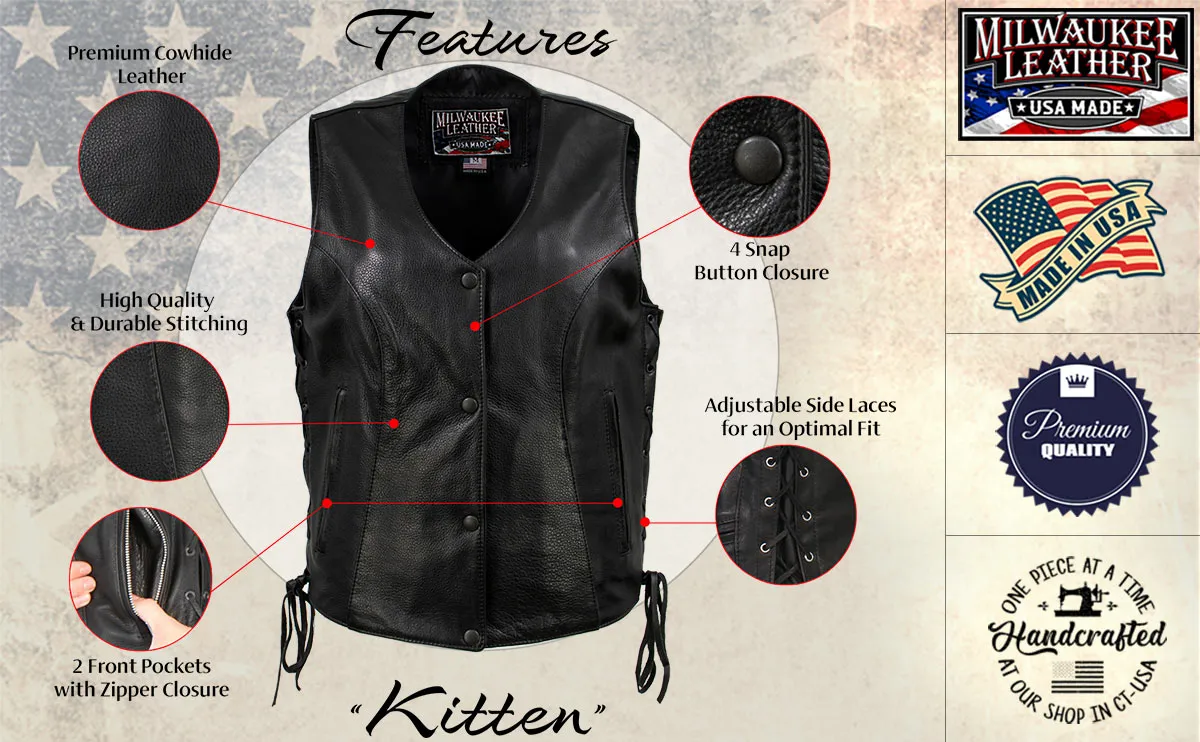 MLVSL5002 Women's Black 'Kitten' Leather Motorcycle Vest with Side Laces