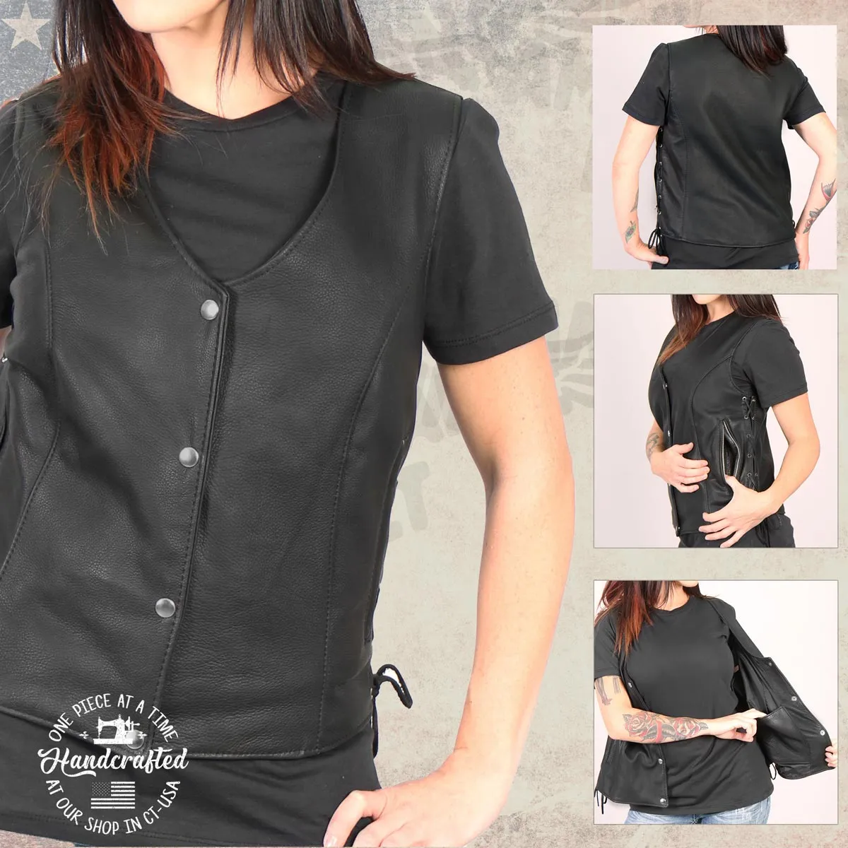 MLVSL5002 Women's Black 'Kitten' Leather Motorcycle Vest with Side Laces