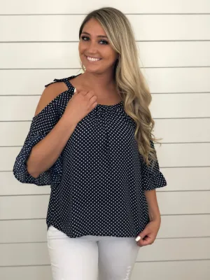 Navy Polka Dot Cold Shoulder Top
