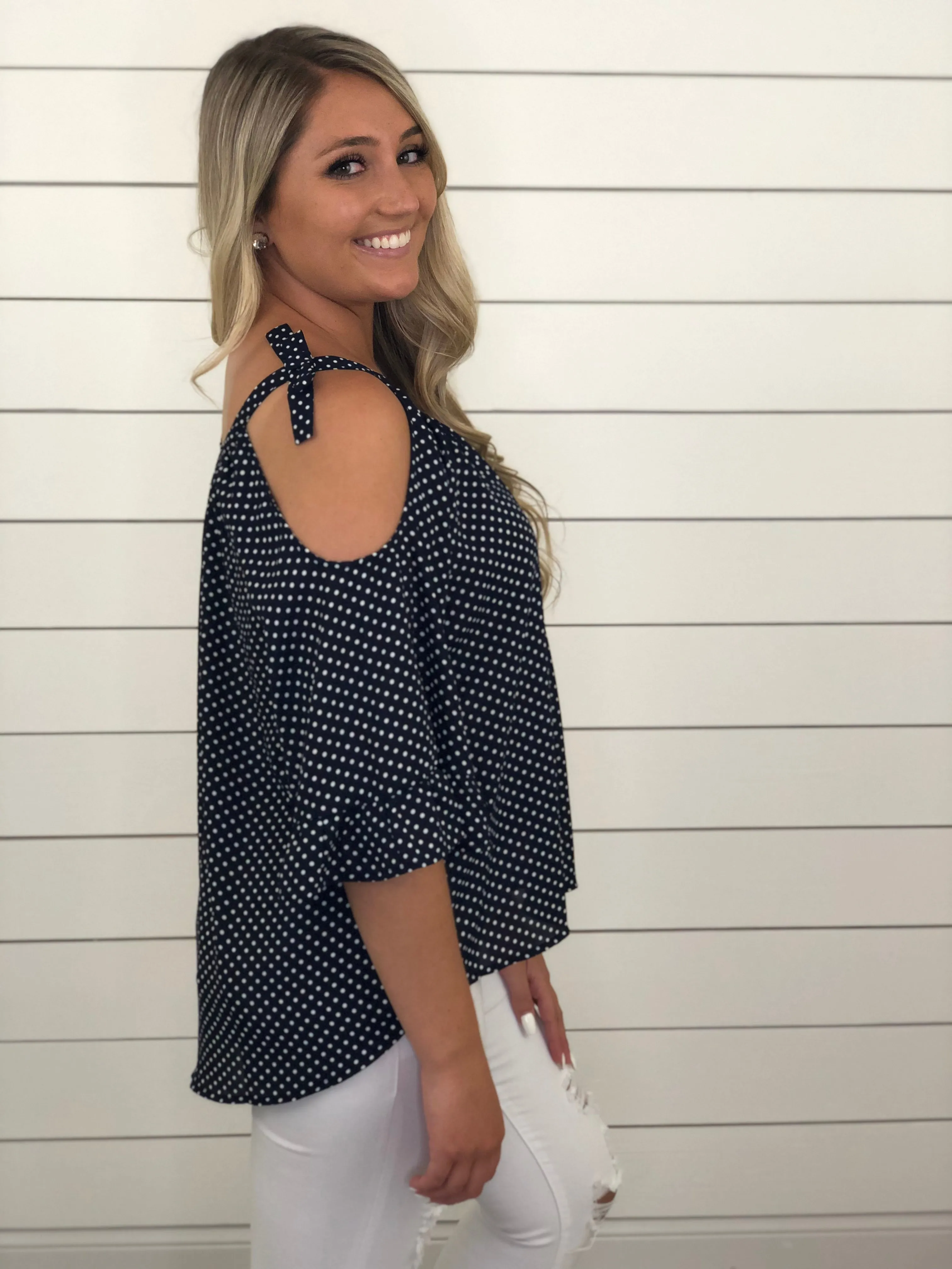 Navy Polka Dot Cold Shoulder Top