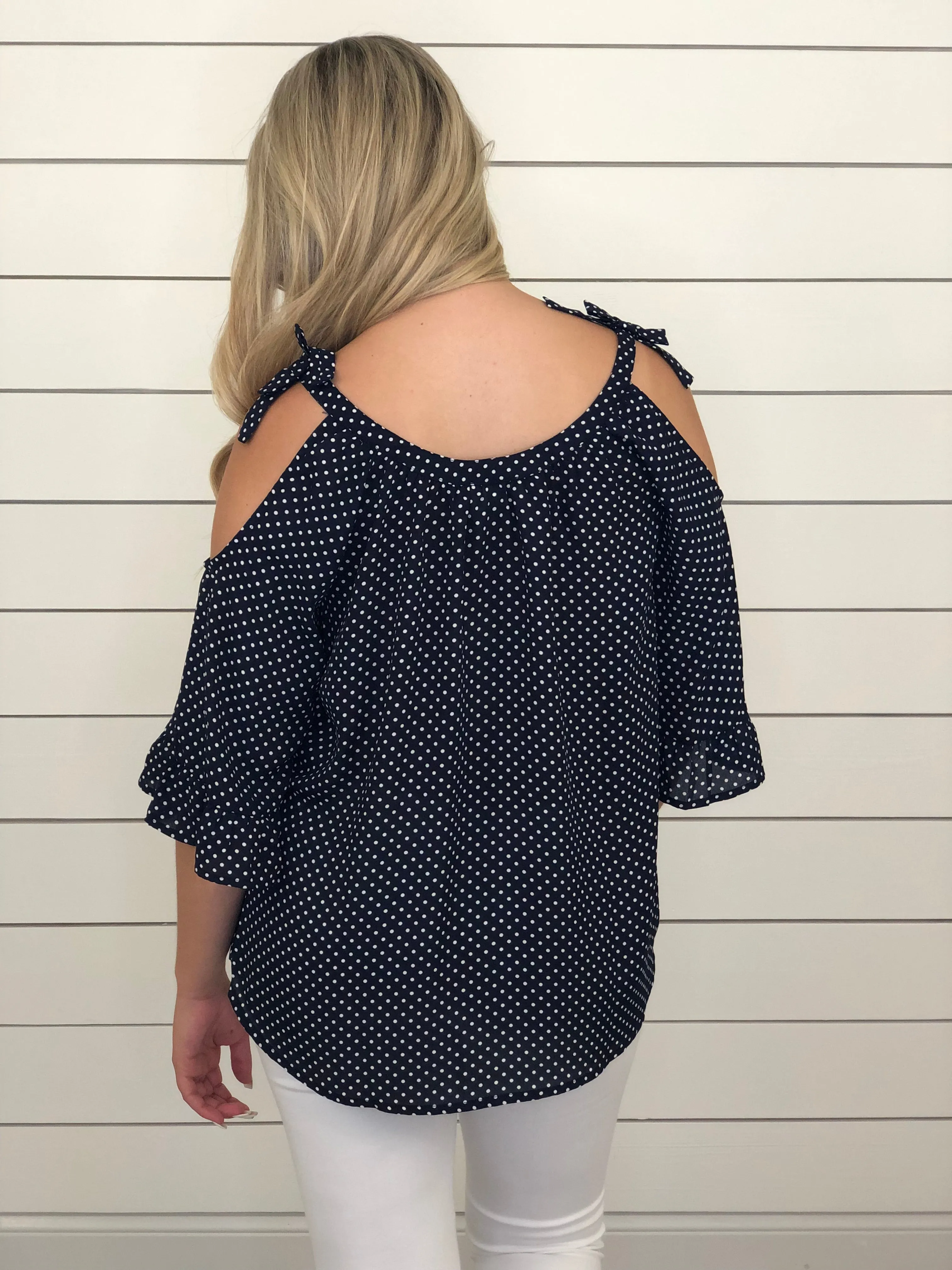 Navy Polka Dot Cold Shoulder Top