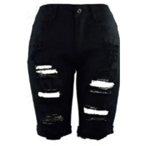 New Women's High Waist Ripped Denim Bermuda Shorts