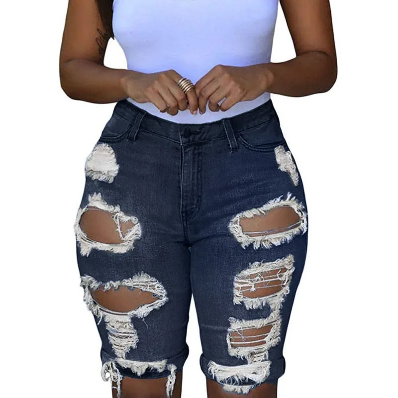 New Women's High Waist Ripped Denim Bermuda Shorts