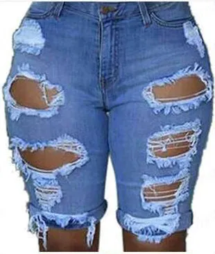 New Women's High Waist Ripped Denim Bermuda Shorts