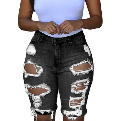 New Women's High Waist Ripped Denim Bermuda Shorts