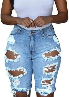 New Women's High Waist Ripped Denim Bermuda Shorts
