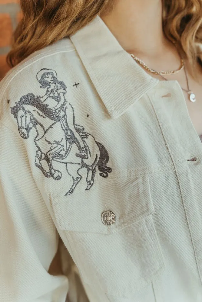 Off White Western Cowgirl Embroidered Denim Jacket 23177J