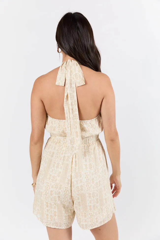On The Horizon Taupe Halter Neck Printed Romper