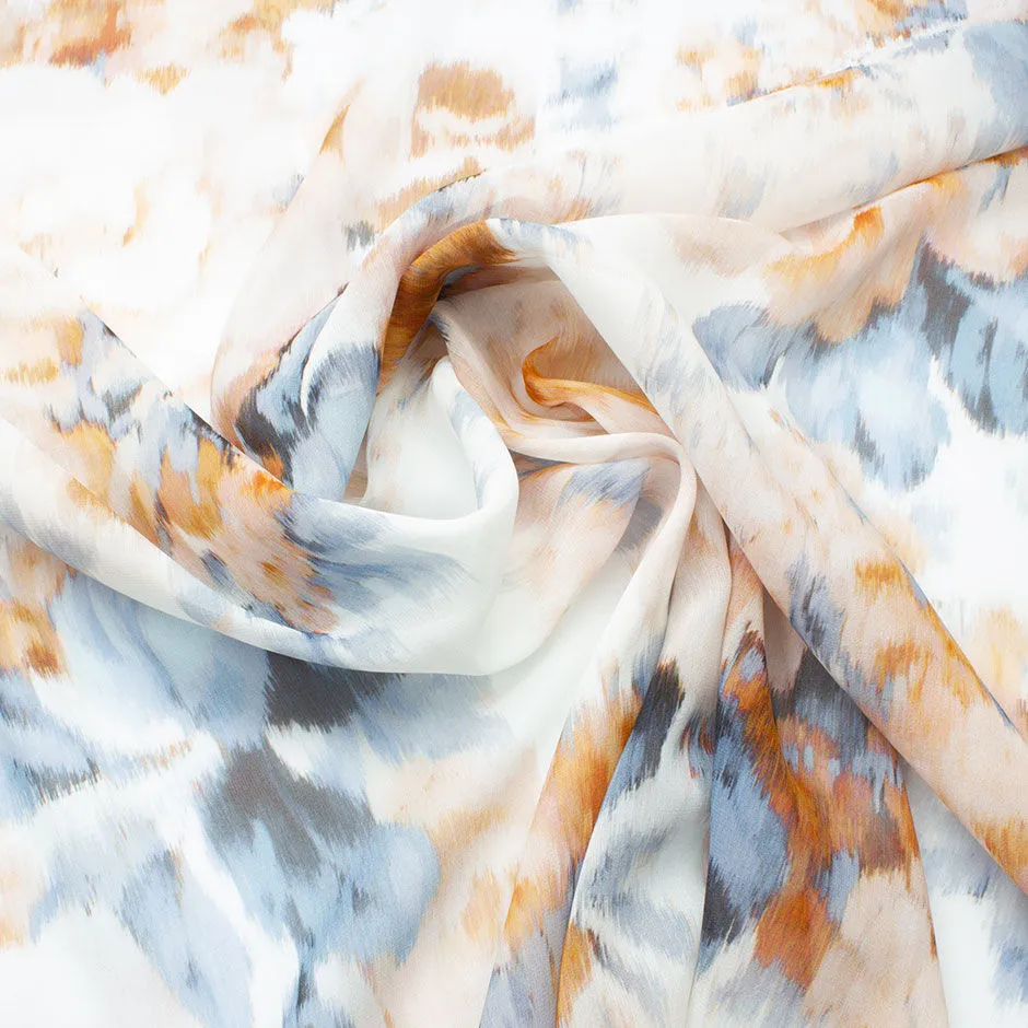 Orange & Blue Printed Ivory Silk Georgette