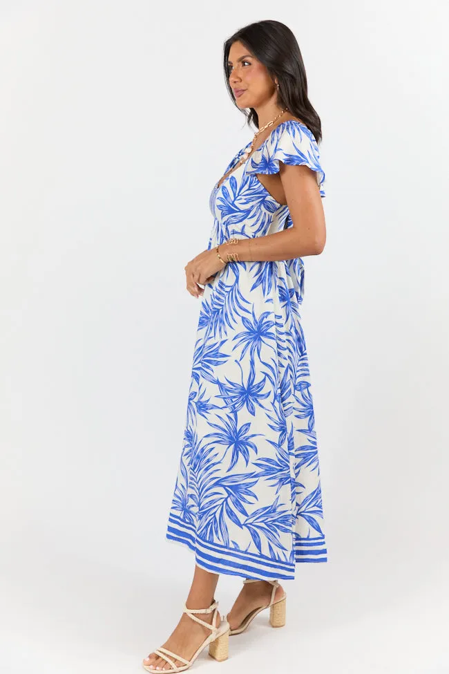 Palm Oasis Blue and White Leaf Printed Midi Dress