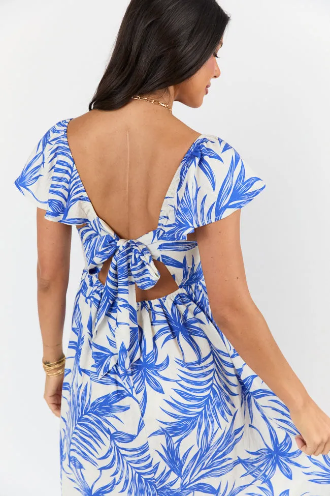 Palm Oasis Blue and White Leaf Printed Midi Dress