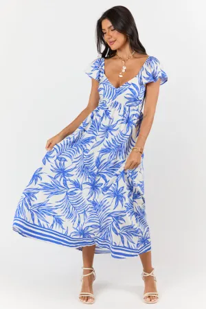 Palm Oasis Blue and White Leaf Printed Midi Dress