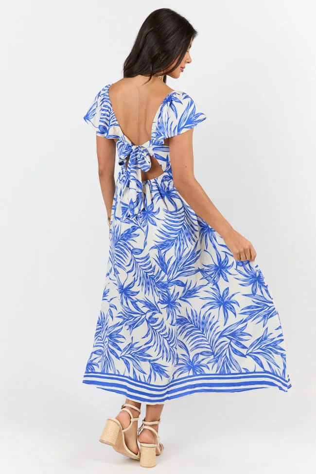 Palm Oasis Blue and White Leaf Printed Midi Dress