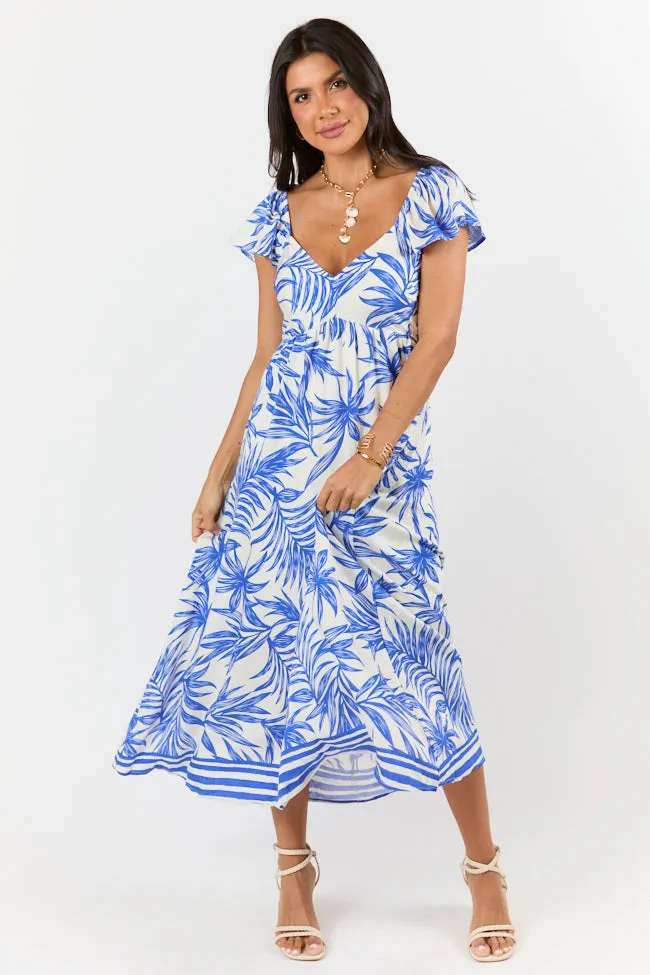 Palm Oasis Blue and White Leaf Printed Midi Dress