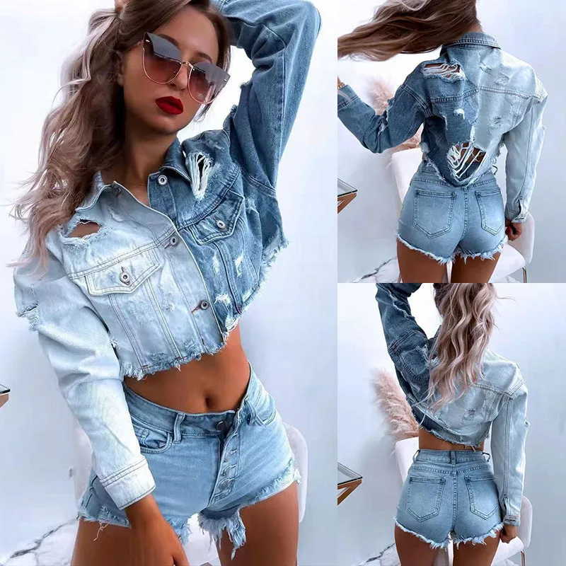 Pile Collar Denim Hole Tassel Outerwear Cardigans Jacket