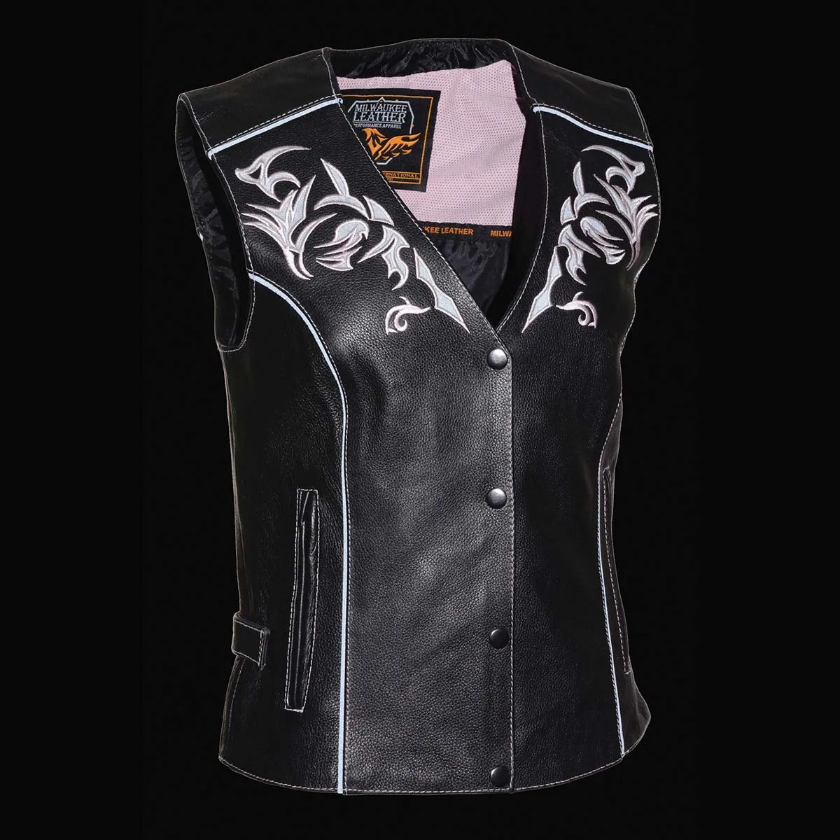 Pink Color ML1296 Women's Black and Pink Leather Side Lace Motorcycle Rider Vest- Reflective Piping and Black Skulls