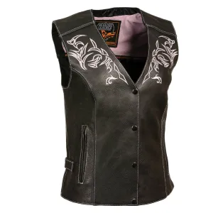 Pink Color ML1296 Women's Black and Pink Leather Side Lace Motorcycle Rider Vest- Reflective Piping and Black Skulls