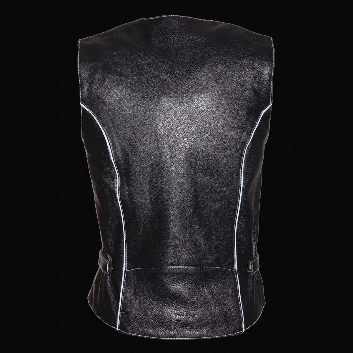 Pink Color ML1296 Women's Black and Pink Leather Side Lace Motorcycle Rider Vest- Reflective Piping and Black Skulls