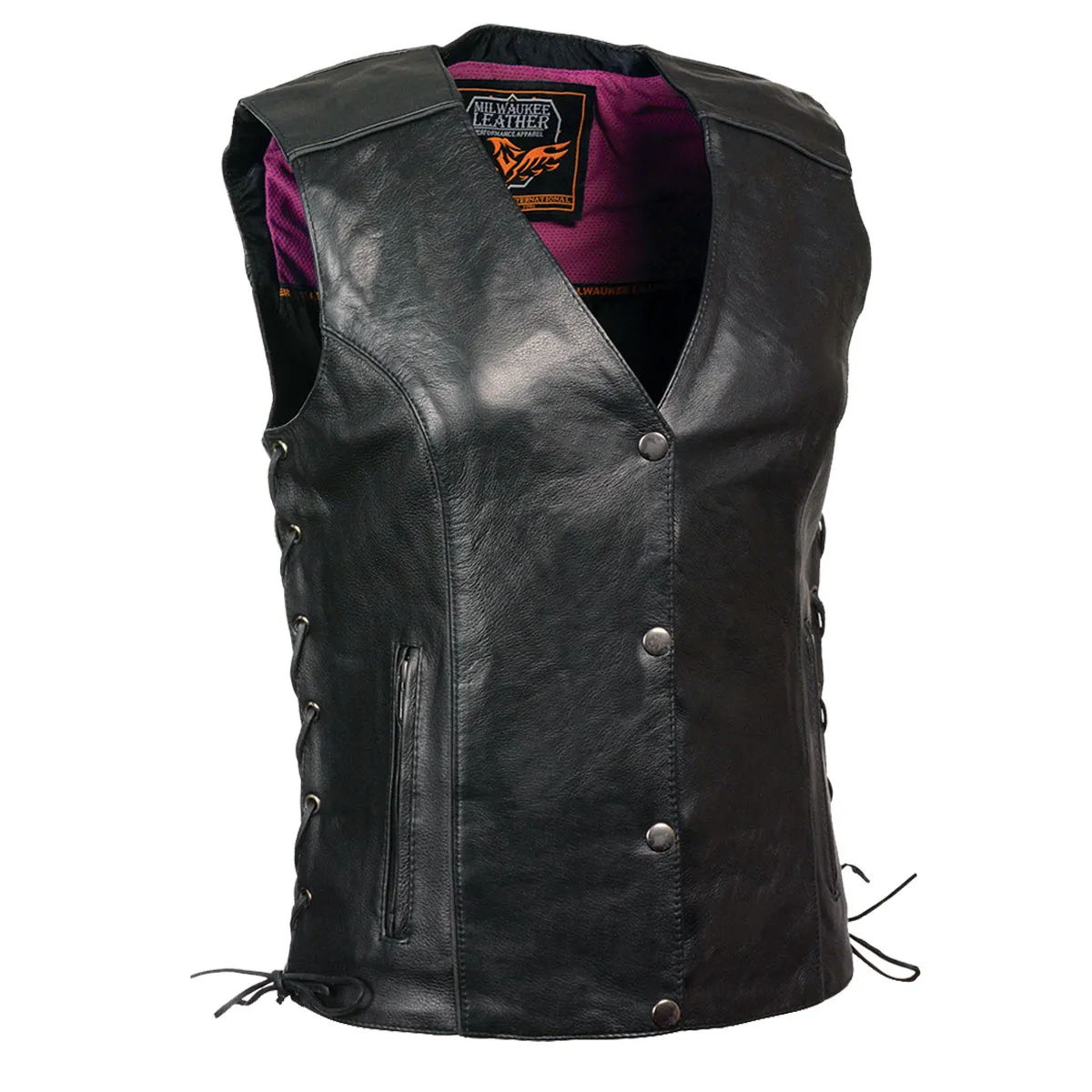 PINK MLL4505 Women's Black Leather Side Lace Motorcycle Rider Vest- Reflective and Studded Pink Wings