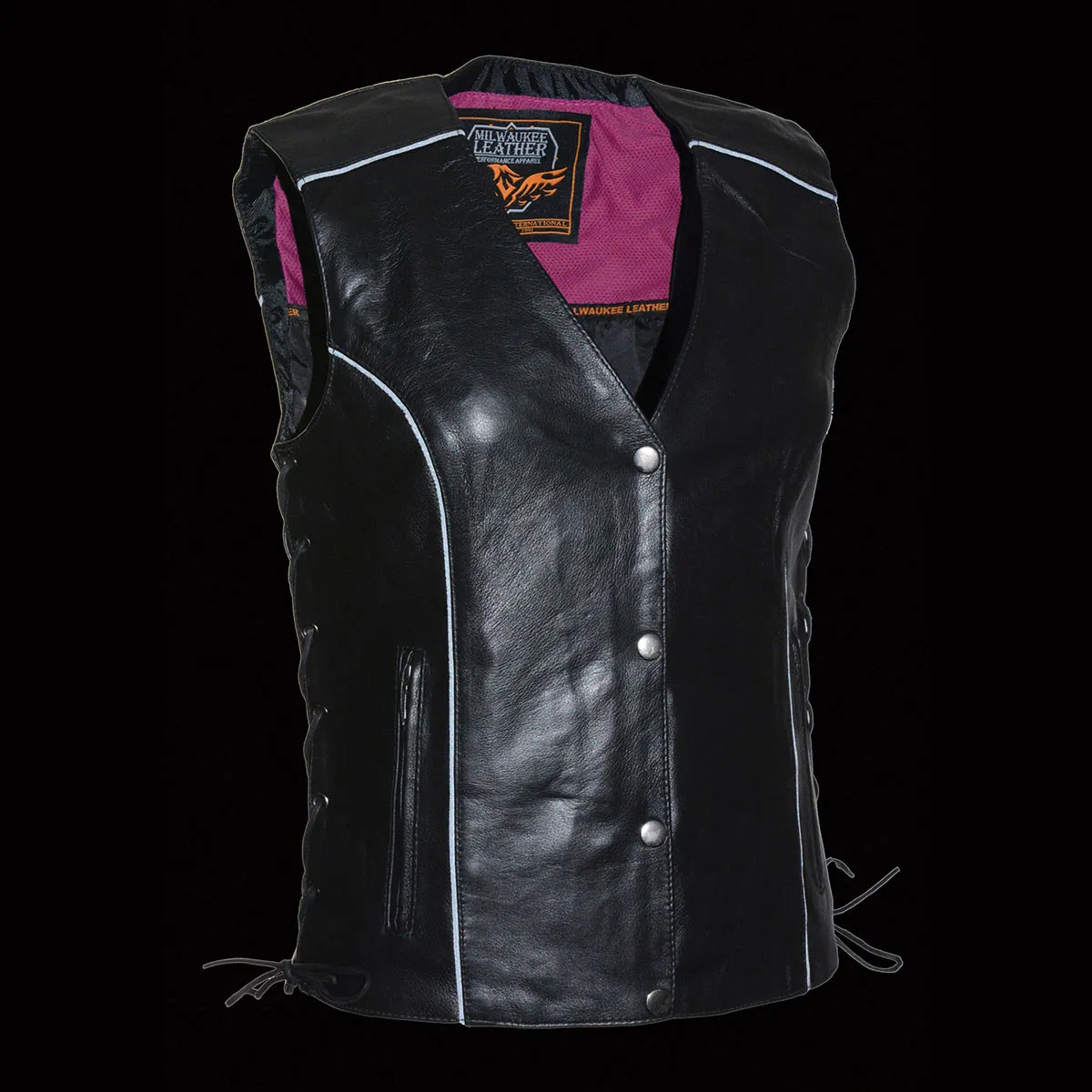PINK MLL4505 Women's Black Leather Side Lace Motorcycle Rider Vest- Reflective and Studded Pink Wings