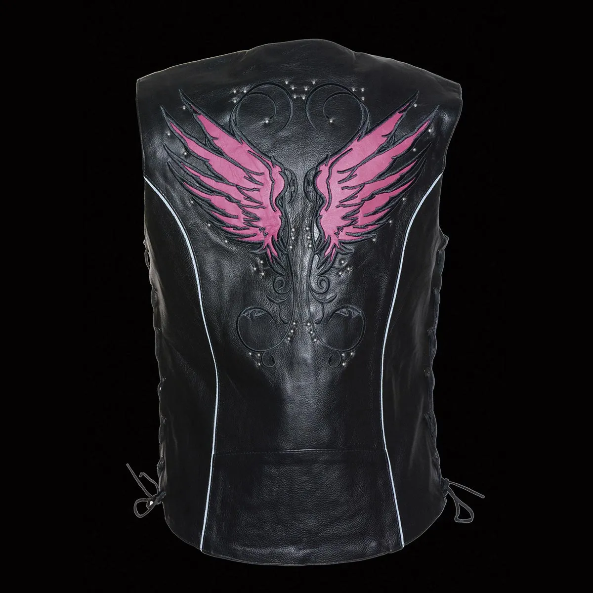 PINK MLL4505 Women's Black Leather Side Lace Motorcycle Rider Vest- Reflective and Studded Pink Wings