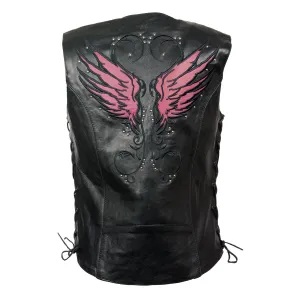 PINK MLL4505 Women's Black Leather Side Lace Motorcycle Rider Vest- Reflective and Studded Pink Wings