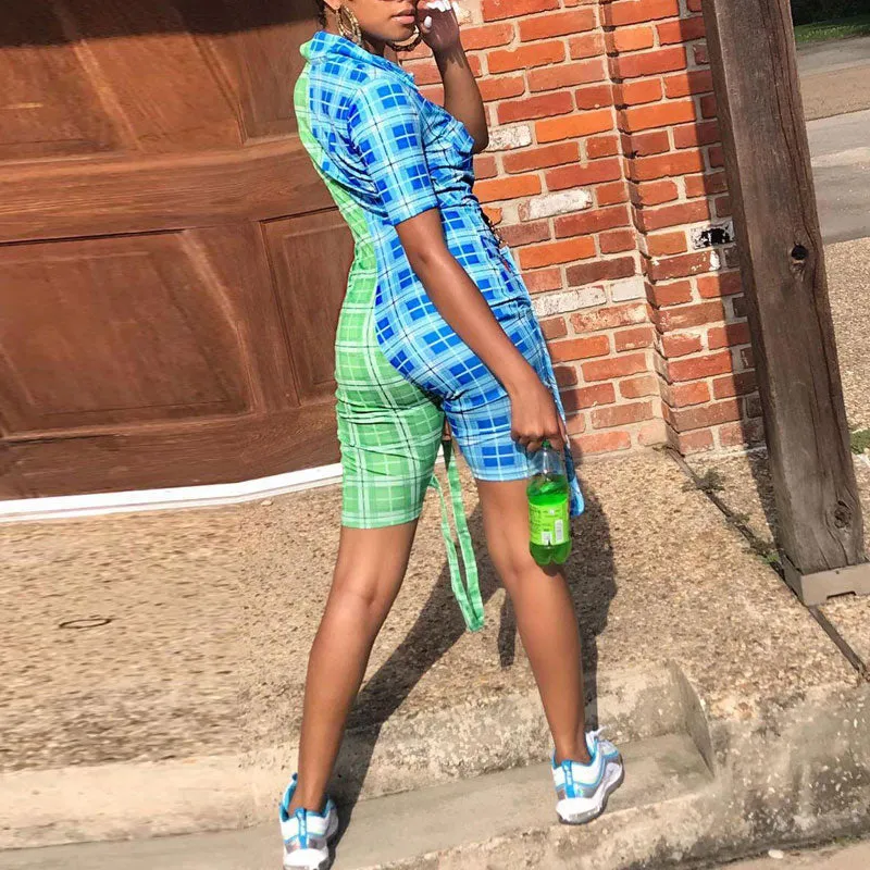 Plaid Zipper Design Short Sleeve Romper