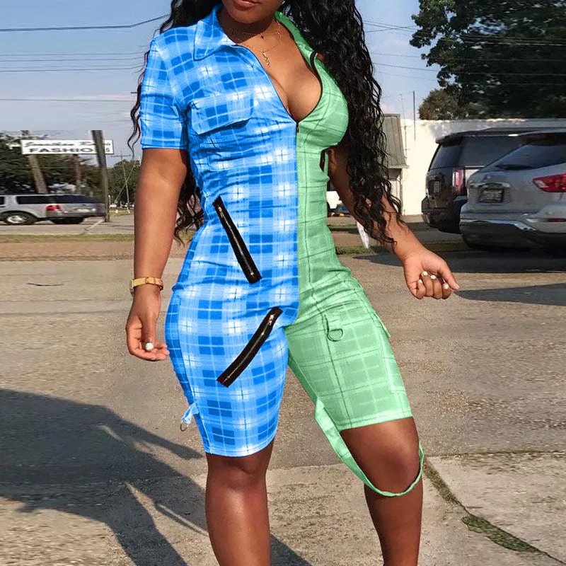 Plaid Zipper Design Short Sleeve Romper