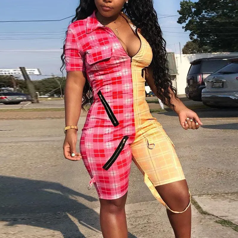 Plaid Zipper Design Short Sleeve Romper