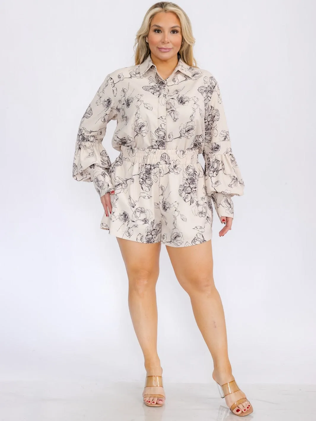 PLUS SIZE LONG SLEEVE BUTTON UP FRONT POCKETS PRINTED ROMPER